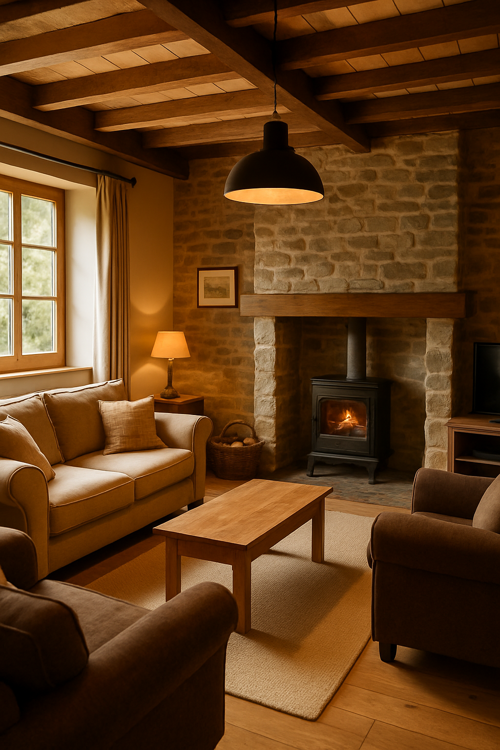 Salon rustique avec cheminée en pierre